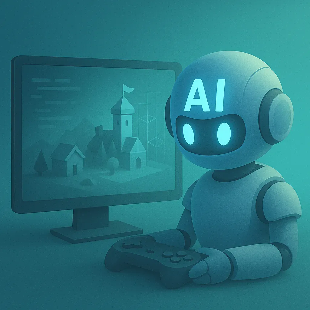 AI 驅動的遊戲開發技術示意圖，展示人工智慧在遊戲創作中的應用