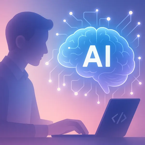 AI人工智慧與軟體開發整合概念圖，展示代碼生成和自動化開發流程