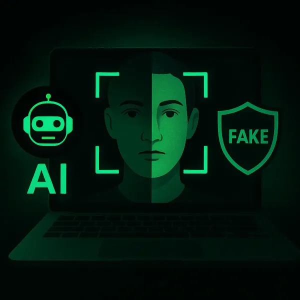 AI深偽檢測技術概念圖，顯示人工智慧分析和識別虛假影片的過程