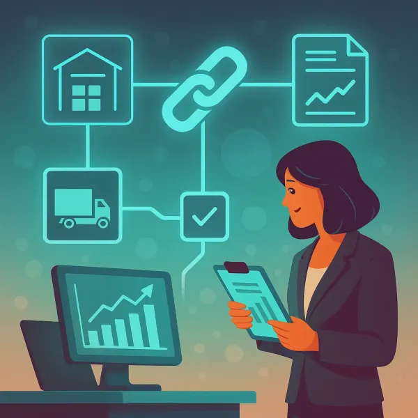 企業區塊鏈應用概念圖，展示現代商業環境中的分散式帳本技術