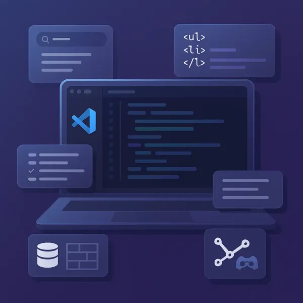 VS Code開發環境示意圖，展示各種實用擴充功能的介面