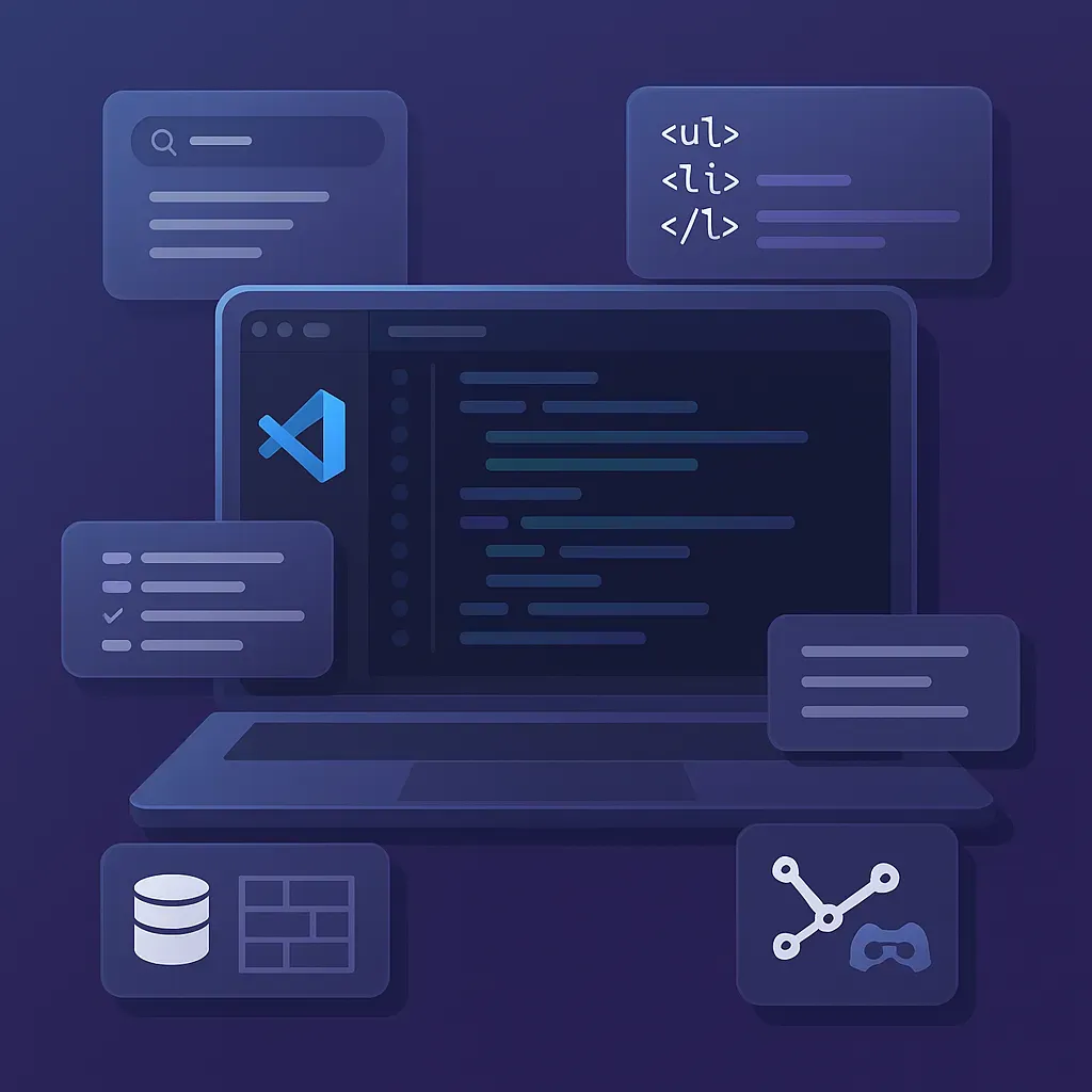 VS Code開發環境示意圖，展示各種實用擴充功能的介面