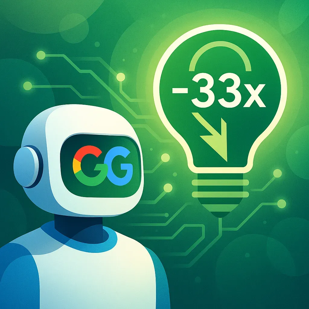 Google Gemini AI 能源效率突破性進展展示圖，顯示能耗大幅下降