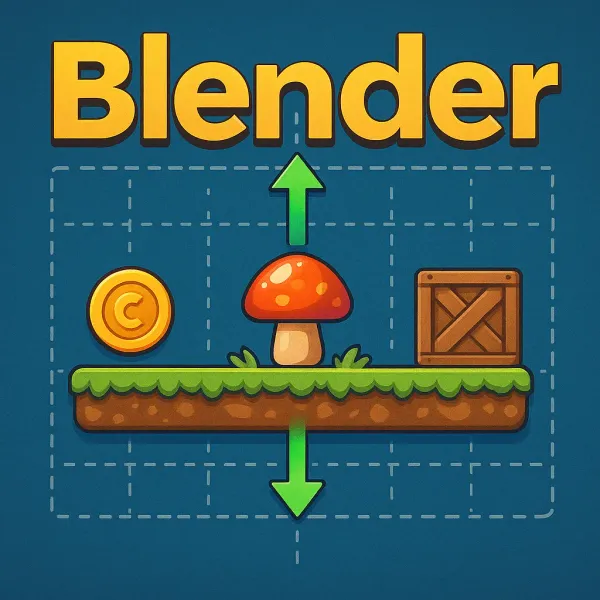 Blender 2D遊戲素材製作介面，展示正視法相機設定與物件對齊技巧