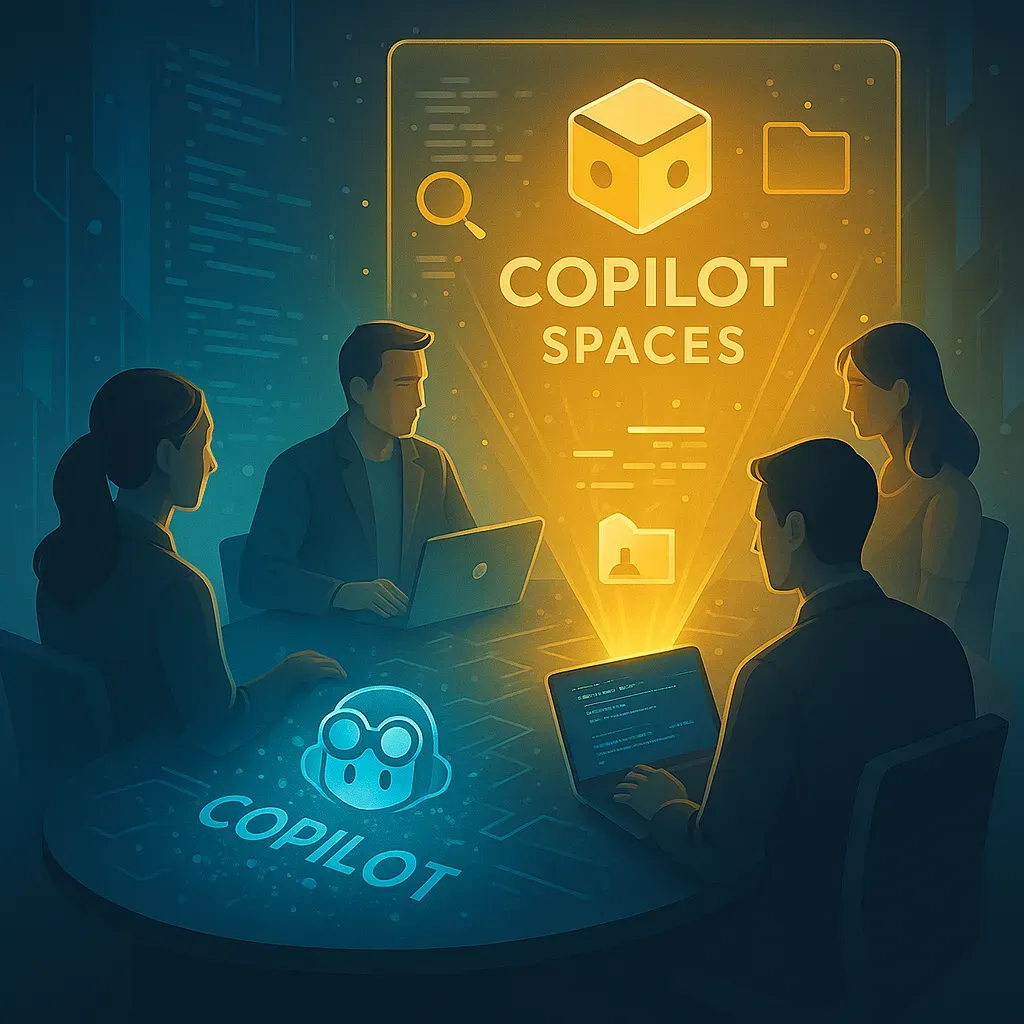 GitHub Copilot Spaces新功能介面展示，顯示代碼、文檔和團隊協作整合