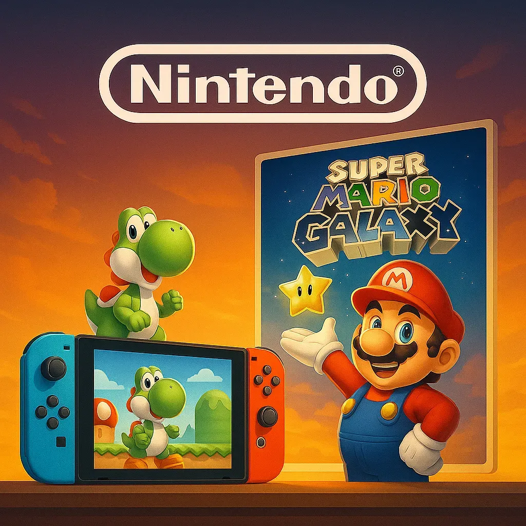 Nintendo Switch 2主機與超級瑪利歐銀河遊戲畫面