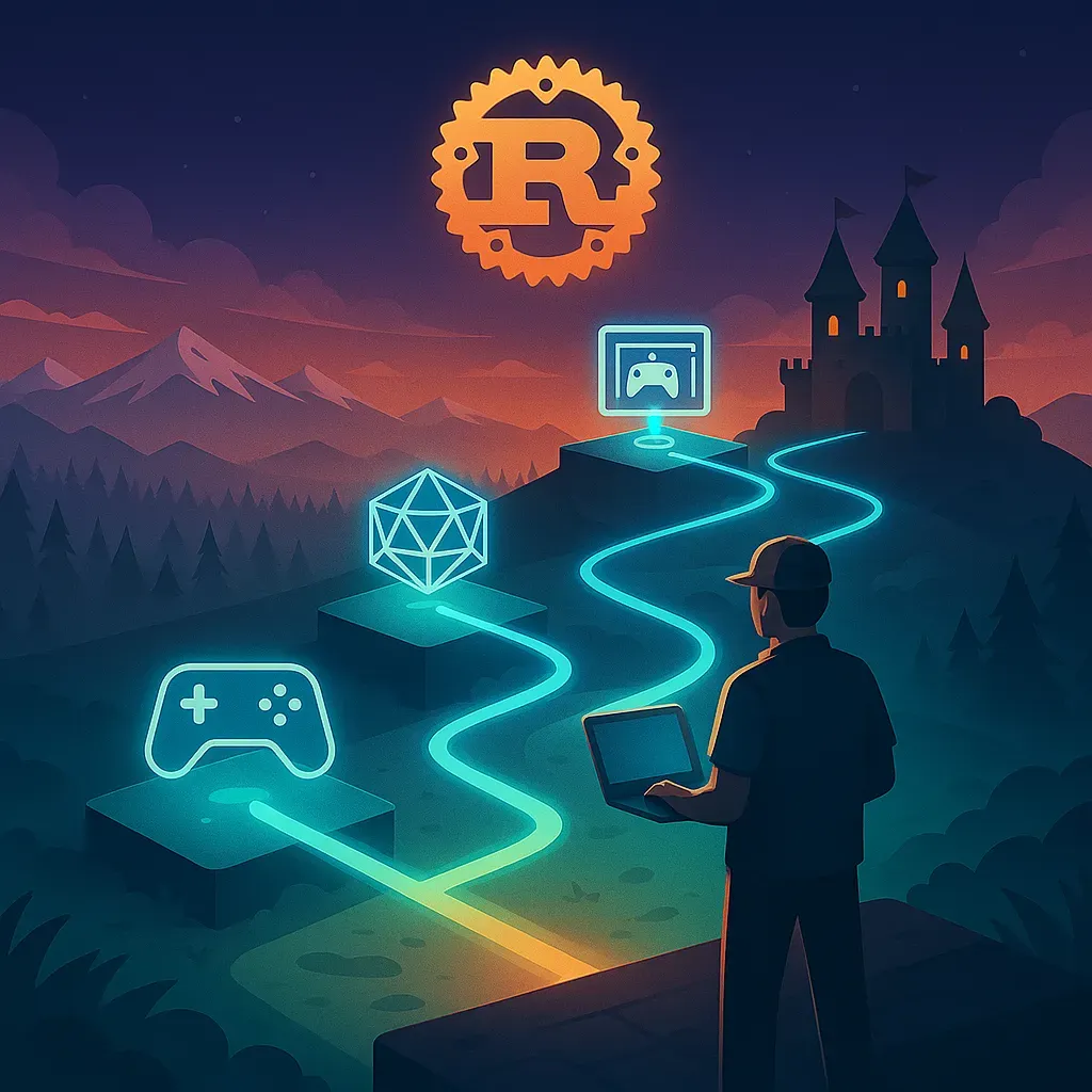Rust 遊戲開發生態系統圖解，包含引擎、工具和開發流程