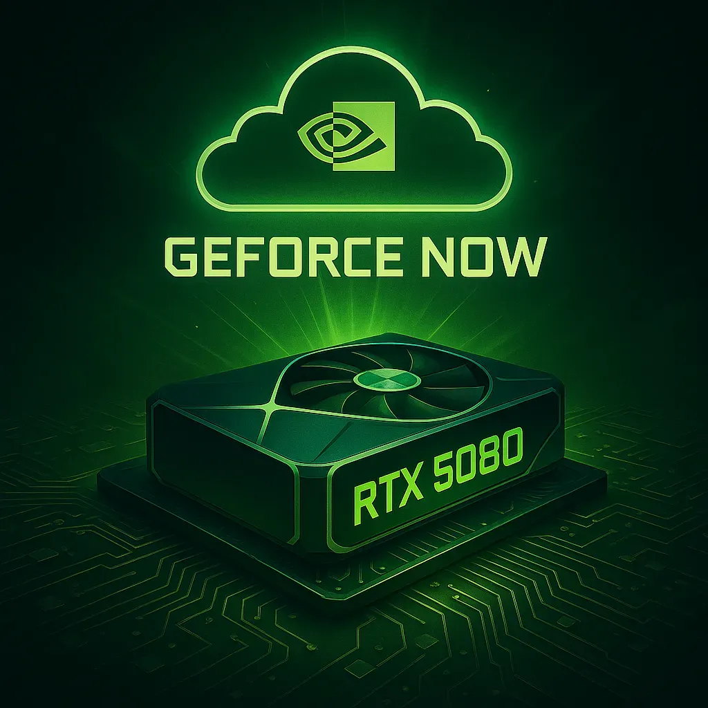 NVIDIA GeForce NOW RTX 5080 cloud gaming service upgrade, showcasing powerful cloud computing performance and gaming visuals