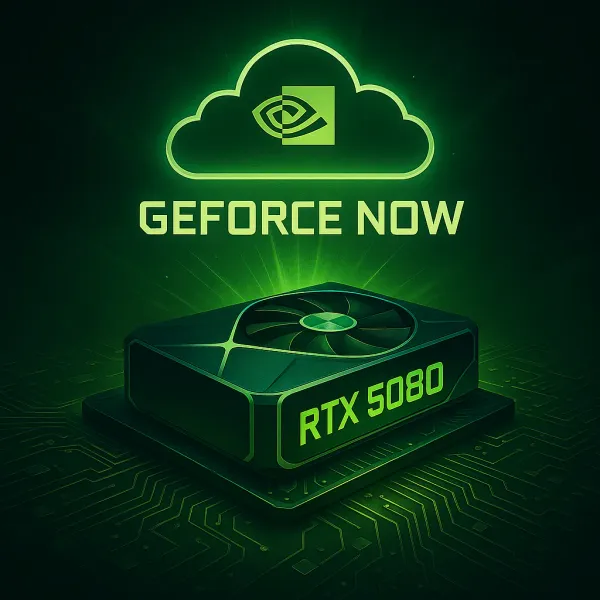 NVIDIA GeForce NOW RTX 5080 cloud gaming service upgrade, showcasing powerful cloud computing performance and gaming visuals