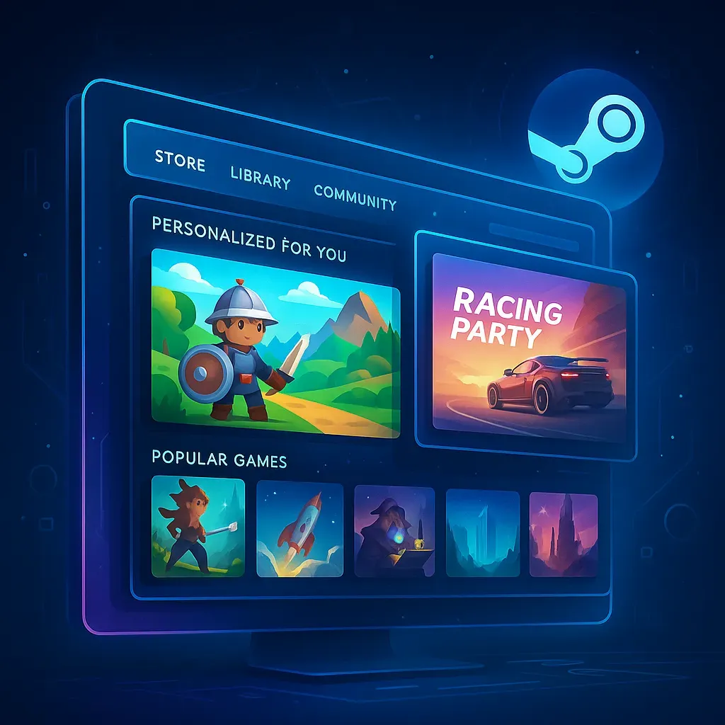 Steam new store menu interface design screenshot showing unified navigation system and personalized recommendation features