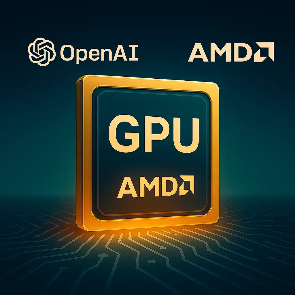 Illustration of OpenAI and AMD strategic partnership showcasing AI chips and data centers