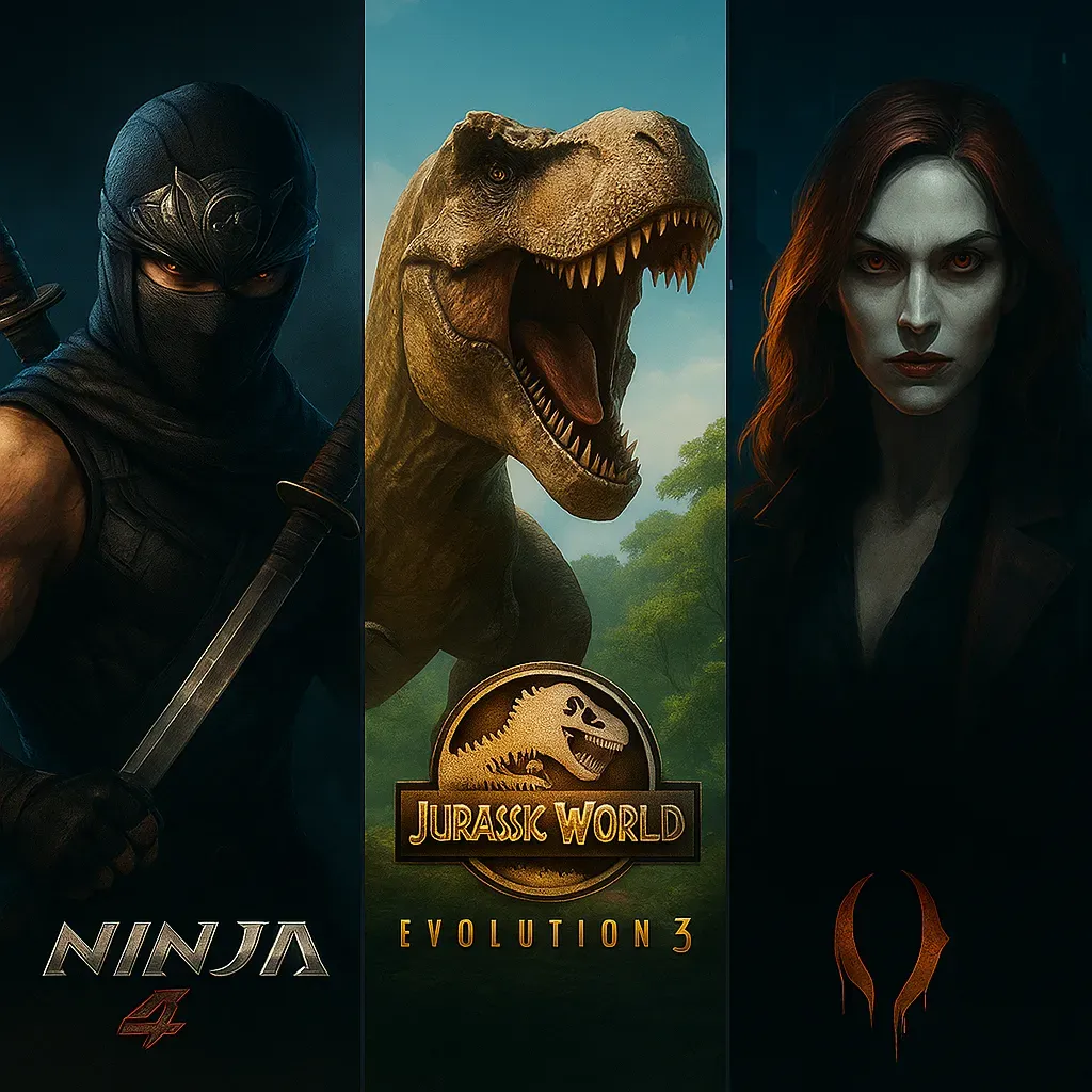 Composite visual of Ninja Gaiden 4, Jurassic World Evolution 3, and Bloodlines 2 key art