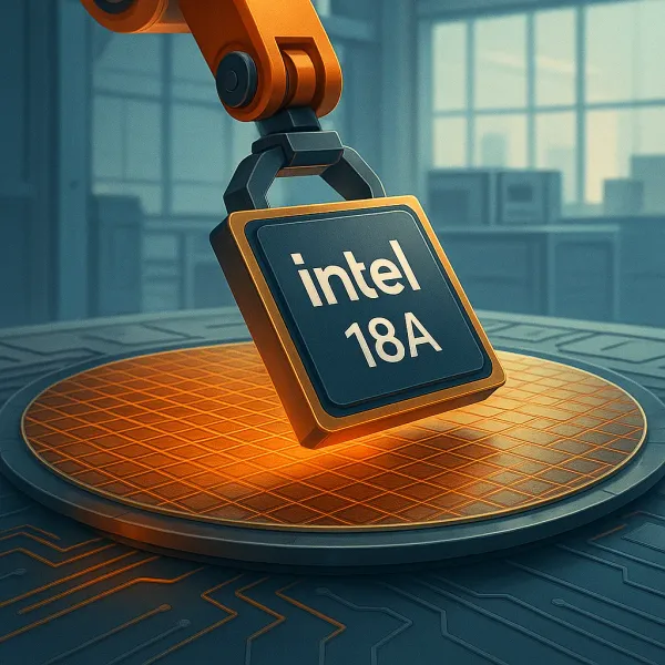 Intel 18A process wafer and advanced packaging technology illustration