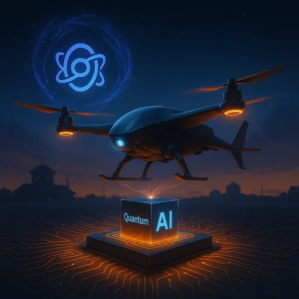 Quantum drone technology concept illustration showing IonQ quantum sensing system